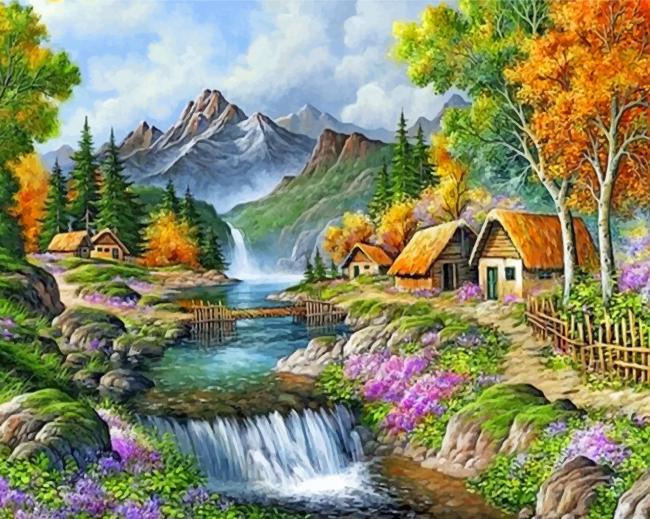 Finalizing Mountain Waterfall Nature Paint By Numbers artwork