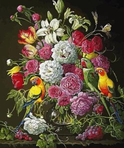 Parrot and Rose Blooms Paint By Numbers