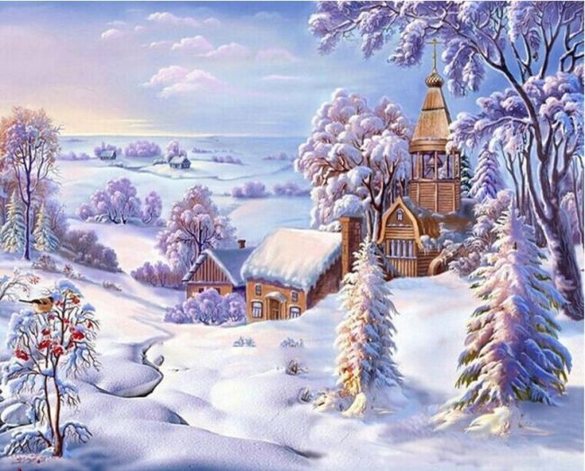 Snowy Village Landscape Paint By Numbers