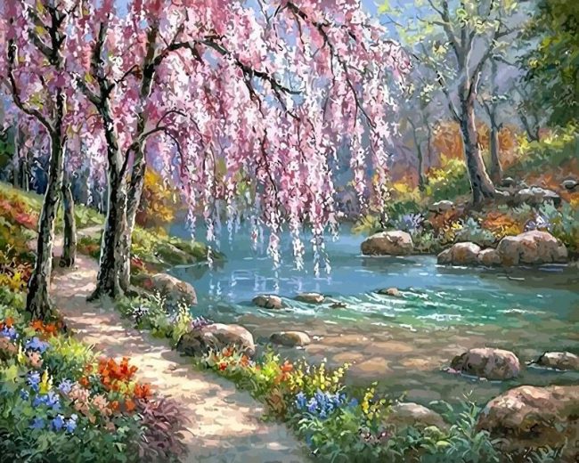 Cherry Blossom River Scene Paint By Numbers