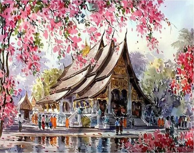 Cherry Blossom Temple Scenery Paint By Numbers