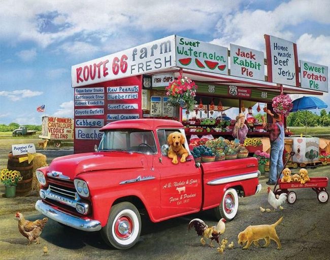 Farm Animals on Red Pickup Truck Paint By Numbers