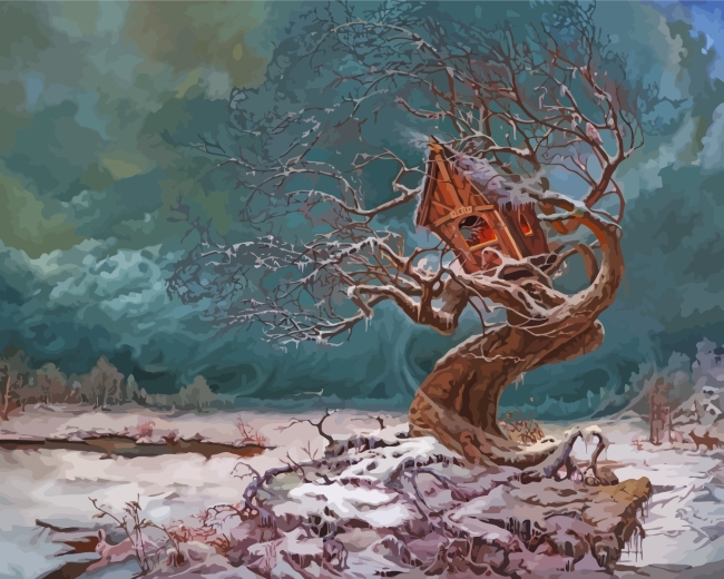 Finalizing Winter Tree House Fantasy Paint By Numbers Artwork