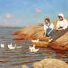 Vintage Women and Duck Lake Paint By Numbers