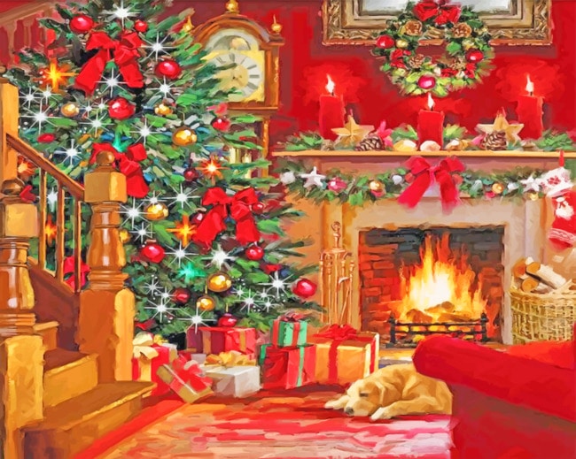 Finishing touches on Cozy Christmas Fireplace Painting