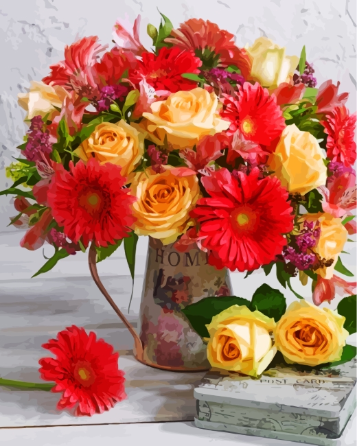 finalizing Red and Yellow Flower Vase Paint By Numbers Artwork