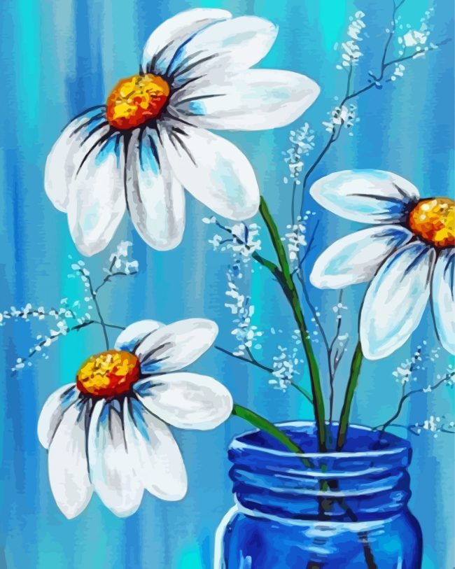 Daisies in Blue Vase Paint By Numbers