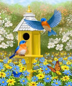 Colorful Bluebirds and Birdhouse Paint By Numbers