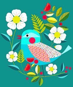 Cyan Bird and Flowers Paint By Numbers