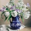 White Flowers in Blue Vase Paint By Numbers