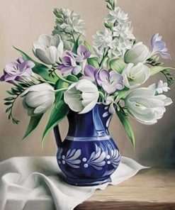 White Flowers in Blue Vase Paint By Numbers