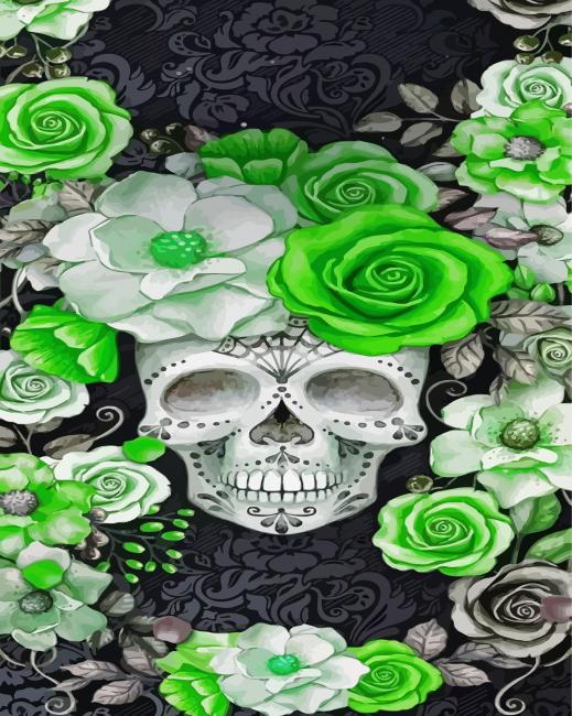 Finalizing Green Floral Skull Paint By Numbers artwork