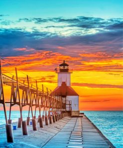 Lighthouse Seascape Orange Sky Paint By Numbers