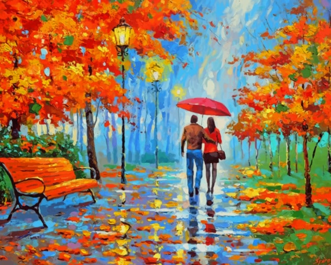 Final step of Lovers Under Red Umbrella painting