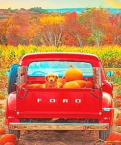 Red Truck with Pumpkins and Dog Paint By Numbers