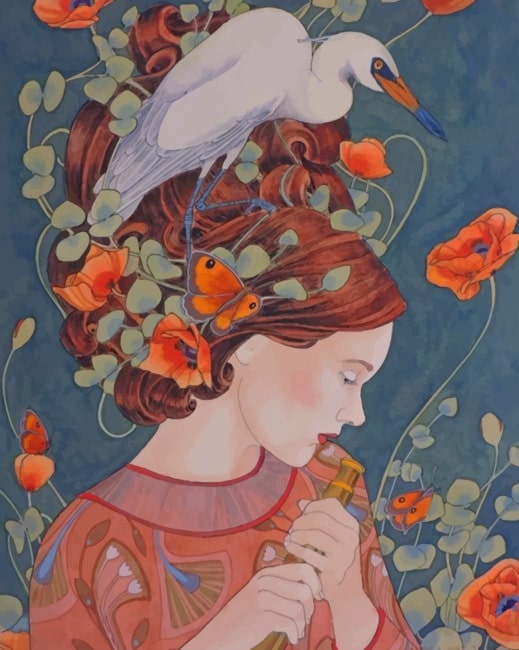 Completed Woman and Swans Paint by Numbers artwork ready to hang