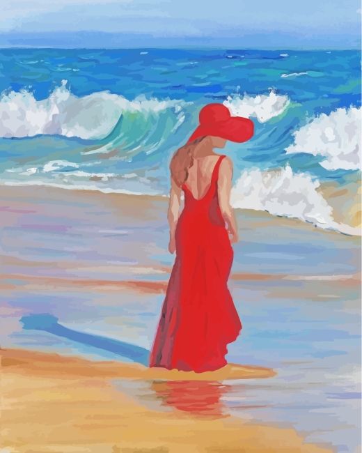 Finalizing the Woman in Red on Beach Paint By Numbers artwork